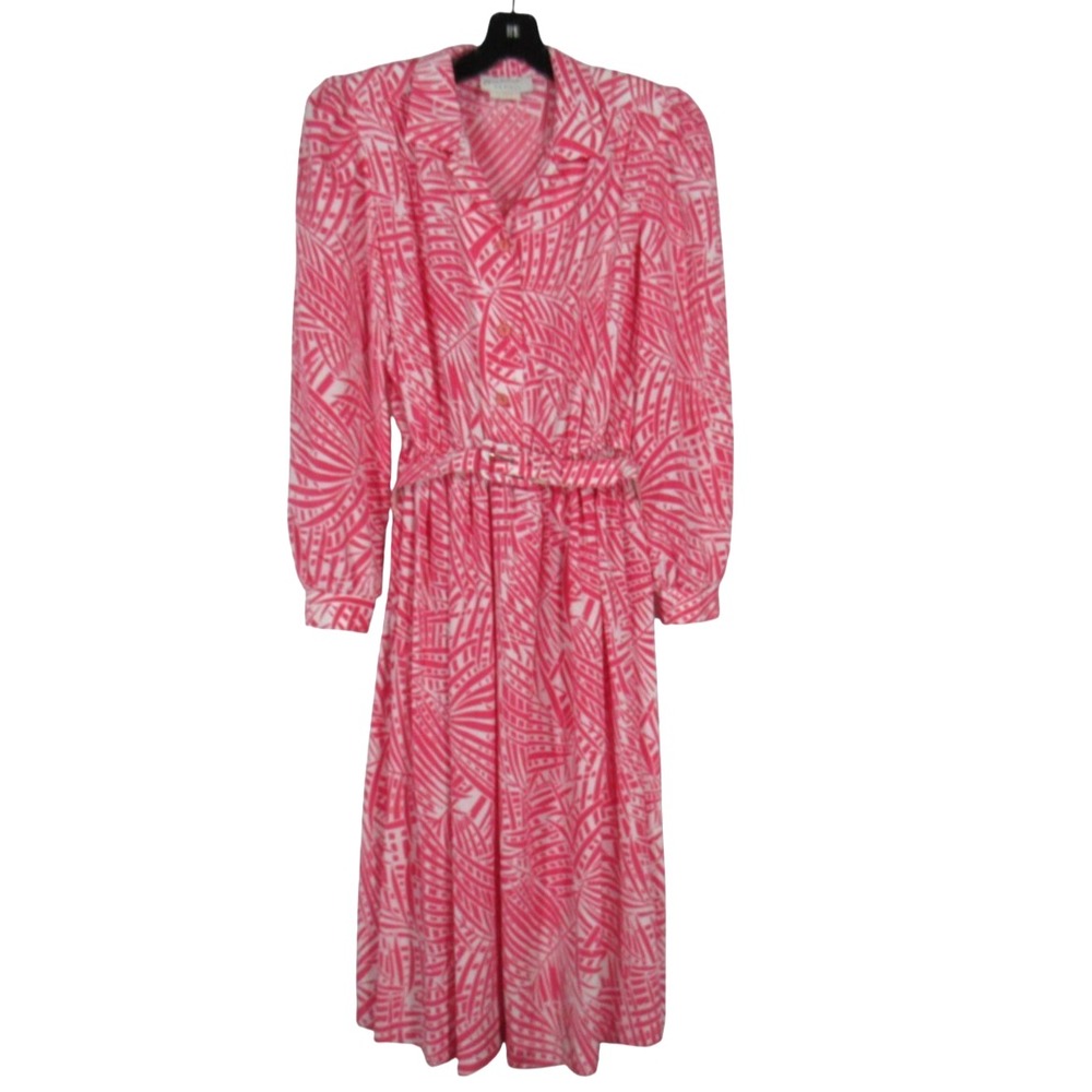 VTG BRENNER PETITES Pink SATIN Tropical COTTAGECORE Belted BLOUSON DRESS Sz 12P